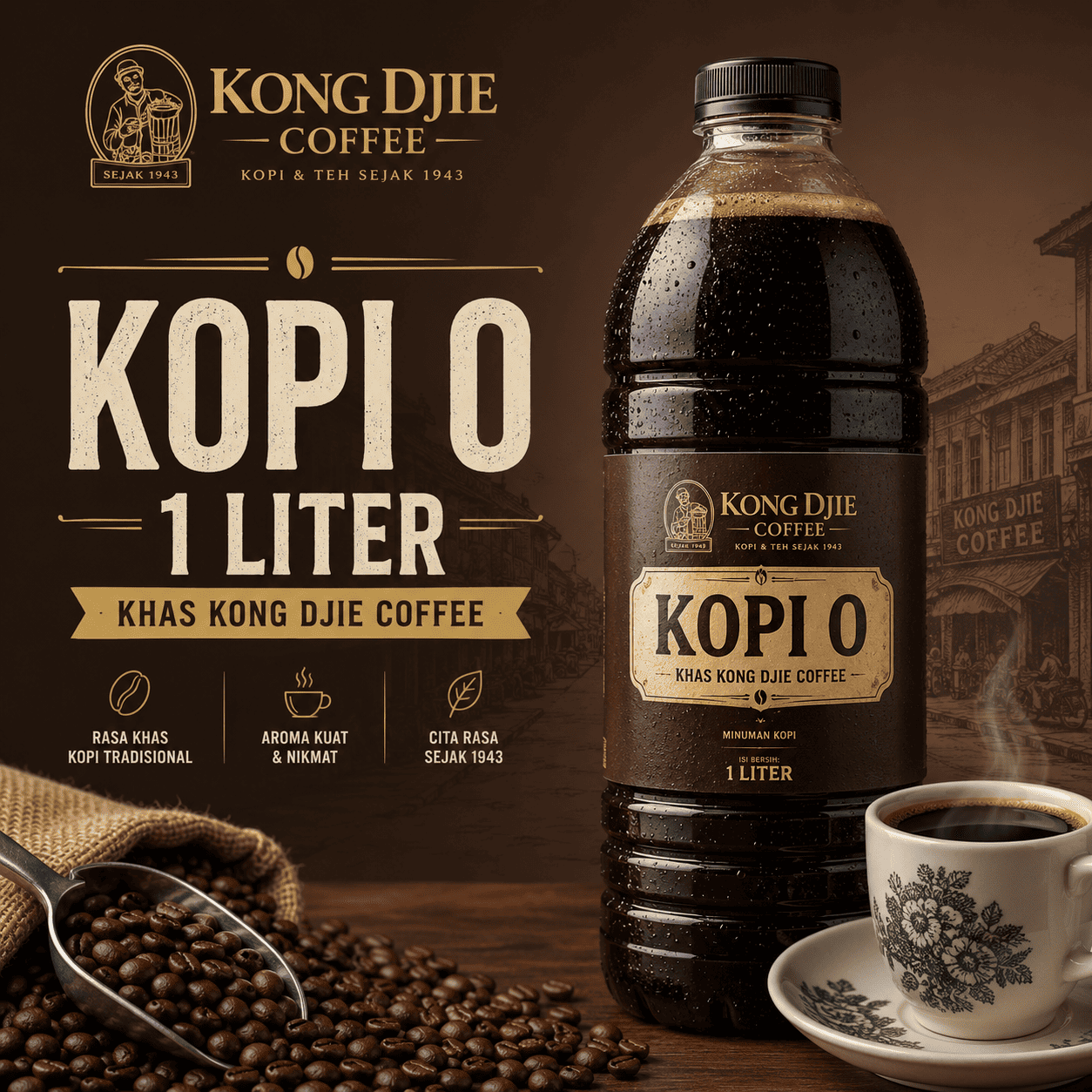 KOPI O 1 LITER Kedai Kopi Kong Djie dalam kemasan botol
